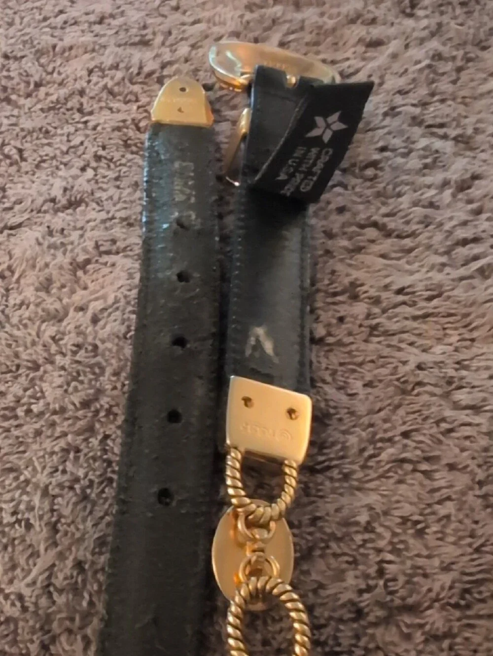 Vintage Brighton Black Leather Belt with Gold Chain-Link Accents